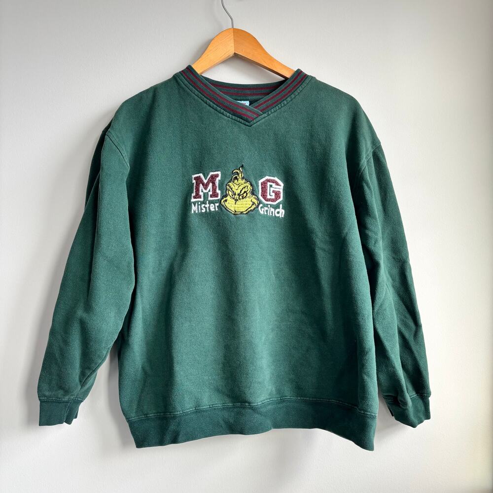 Vintage Dr. Seuss Brand Mister Grinch Embroidered Sweatshirt V Neck Size Unknown